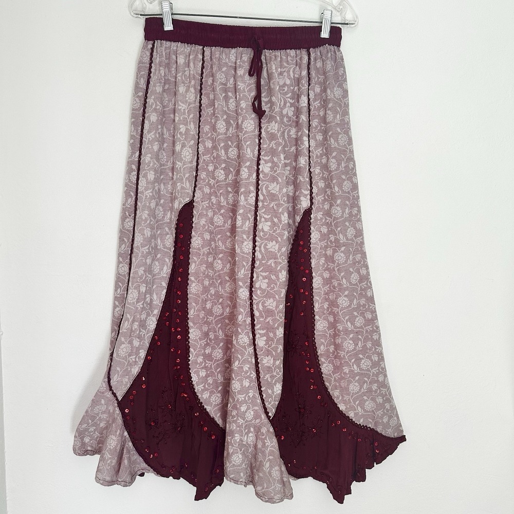 Vtg Maxi Skirt Womens Large Floral Sequins Fairycore Hippie Peasant Pullon